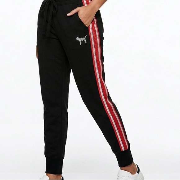 RARE Victoria’s Secret PINK Bling Rhinestone Skinny Joggers - Black/Red (M) - Picture 1 of 6